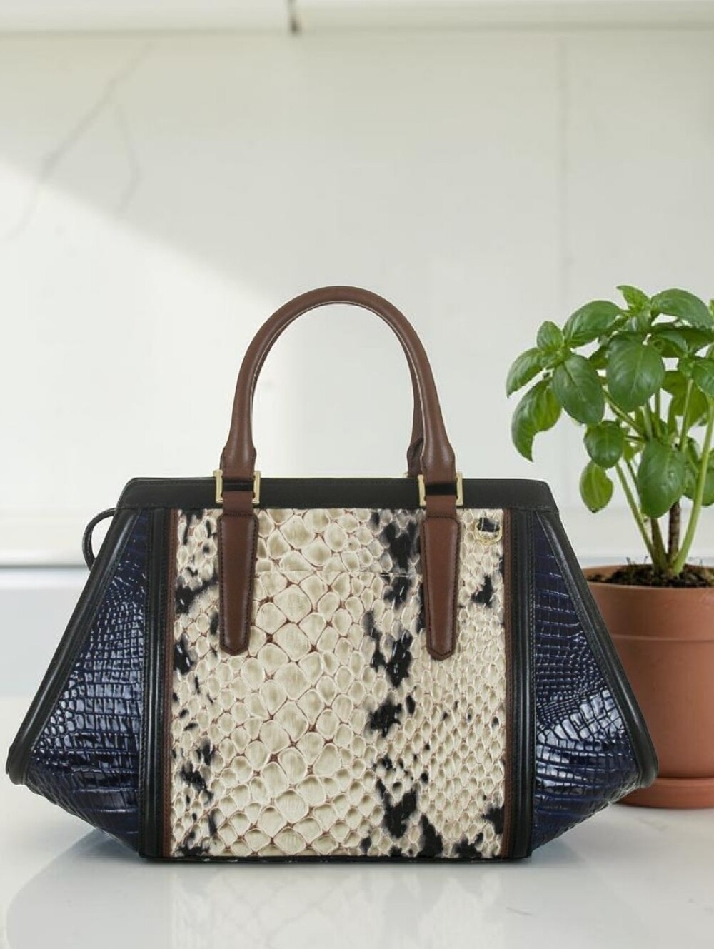 Brahmin Navy Blue, Cream & Brown Satchel